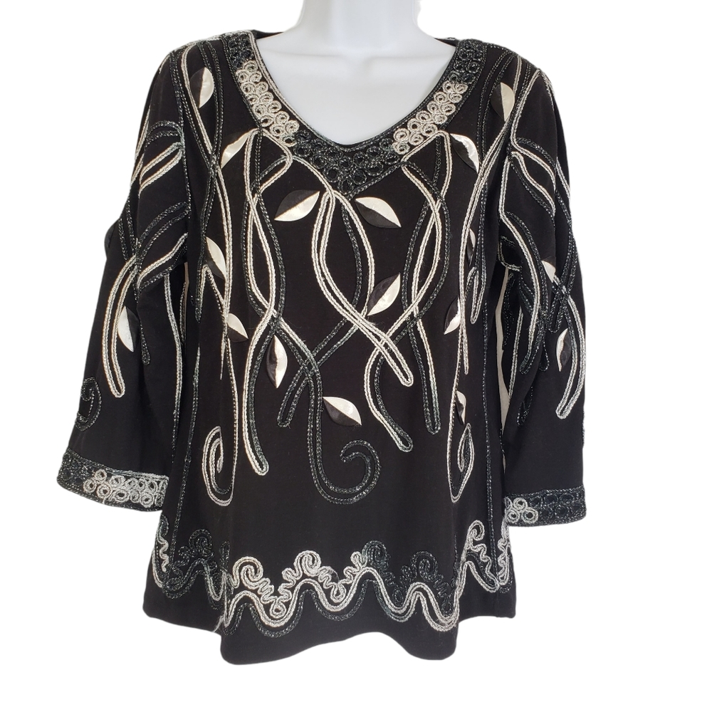 Once 1 Again Women's Top Black Silver Long sleeve Embroidered Satin Medium